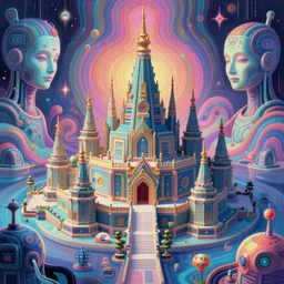 a sprawling miniature cybernetic temple, surrounded by fractals, cybernetic faces, vaporwave aesthetic, colorful, psychedelic, digital painting, artstation, concept art, smooth, sharp focus, illustration, art by artgerm and greg rutkowski and alphonse mucha