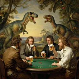 dinosaurs playing poker while drinking beer, in the style of a neoclassic painting.