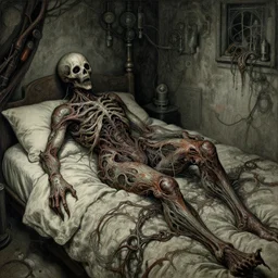 a scary presence is lying on my bed, it occupies the whole room and it is ruthless, it is made of unknown materials, insanely detailed, sci - fi, abstract horror, in the style of james ballard, painted by william blake