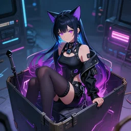 advanced anime digital art, cyberpunk catgirl sitting in a box