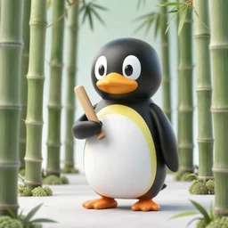Pinguin holding an nunchaku standing in the middle of an bamboo forest next by a lake with beautiful sea flowers, warm ambient light, watercolored