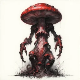 disturbing grunge image of a demon infested fungus, 2 meters tall. horror airbrush art, by greg rutkowski, by greg tocchini, by tom bagshawred, colored ink on wet sketchbook paper, white, red, black, crimson and grey color scheme