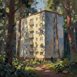 beautiful matte painting of cute soviet block of flats hrushevka in end of forest by ivan aivazovsky