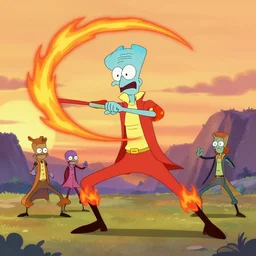 squidward with [ four legs ] wearing fire nation clothing and practicing firebending outside at susnset, [ greg rutkowski ]