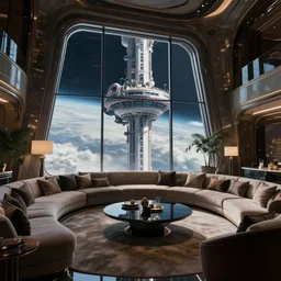 a luxury living quarters living room in the 23rd century with a view from a singular window 10km high in space elevator, low contrast, ivan laliashvili, Studio Ghibli and Shinkai Makoto, D render