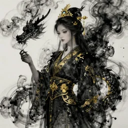 rococo ink smoke dragon priestess, black gold ink dripping, stylized fantasy portrait by wlop, artgerm, peter mohrbacher, artstation