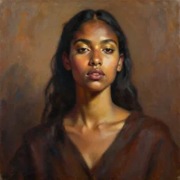 detailed portrait in daring femininity, ethnic, statuesque, confident realistic face, warm glow, bathed in morning light, chiaroscuro, painterly, radiosity, impressionism, warm earthy natural color scheme with contrasting highlights, modern fashion, contemporary art, deep rich hues, oil on canvas