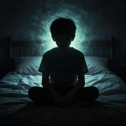 dark silhouette of a boy on a bed, eerie, digital art,
