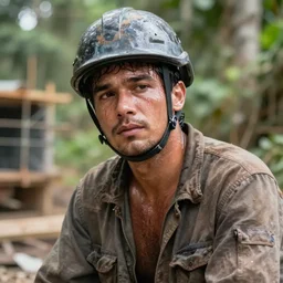 A feral construction worker not wearing a helmet in his natural habitat, sweaty, tired, in his 30s