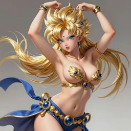 beautiful female saiyan dancer, exquisite detail, hyper realism, ornate, voluptuous, exquisite detail, masterpiece, voluptuous, cute face, 4k, art by Donato Giancola and Bayard Wu and WLOP and Artgerm