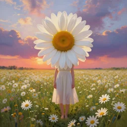 head made of giant daisies, girl standing barefoot in a vast flower field, surreal photography, sunrise dramatic light, impressionist painting, colorful clouds, large sky, digital painting, artstation, simon stalenhag, flower face