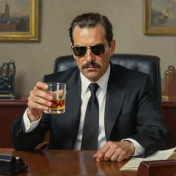 beautiful oil matte portrait painting : mafia boss * * subject in the middle of the composition * *. holding a glass of whiskey. at 5 0 s new york office desk. wonderful masterpiece. highly detailed