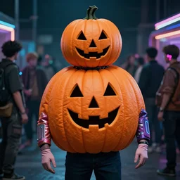 pumpkin costume on mark zuckerberg wearing a pumpkin costume, cybercore ravecore in 1 9 8 7, scene from a kiyoshi kurosawa movie