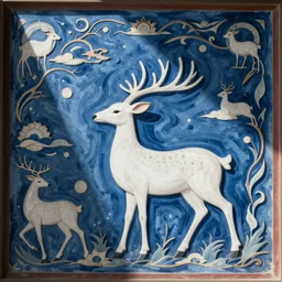 beautiful dunhuang murals, blue, white deer