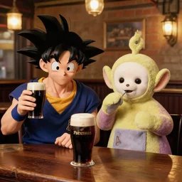 goku and the teletubbies drinking guinness in a dublin pub
