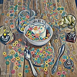 a still life painting by Kenne Gregoire of a wooden table with a white ceramic bowl of fruit loops cereal and milk, there is a spoon and a gramophone