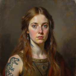 portrait painting of ancient irish priestess with a dinosaur tattoos, by jeremy mann, only one head single portrait