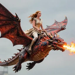full-body photograph of Emma Stone as Daenerys Targaryen riding a dragon blowing a flame, dracarus, majestic lighting, XF IQ4, 150MP, 50mm, F1.4, ISO 200, 1/160s, natural light