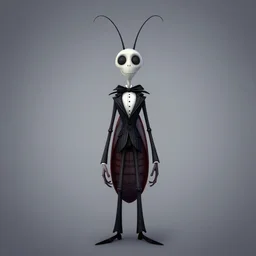 digital art of a full body character design symmetrical thin cockroach cartoon character with long antennae, wearing a black suit by anton fadeev from nightmare before christmas