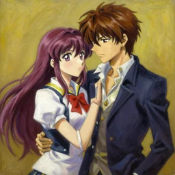 an oil painting of kaede akamatsu and shuichi saihara from danganronpa, painted by pierre auguste cot, very romantic, beautiful textures, dynamic lighting, couples painting