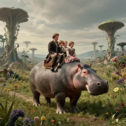 35mm film still from a sci fi blockbuster movie made in 2022, set in 1860, of a family riding on the back of alien hippos, on an alien planet, across an alien landscape that is full of strange wild alien plants and flowers, the family are wearing 1850s era clothes, cinematic lighting, 8k, good quality lighting, good quality photography, oscar winner
