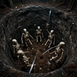 living undead skeletons emerging from a pile of shit in the bottom of a very dark well. swords in their hands. wide angle. trending on artstation, craig mullins, gopro lens.