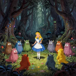 a scene of colorful cartoon monsters in the clearing of a dark fantasy forest surrounded by darkness. hyperrealist illustration. muted colors. 1 9 7 0's pulp science fiction and fantasy cartoon for alice in wonderland and wizard of oz. highly detailed and richly colored painting by don ivan punchatz.
