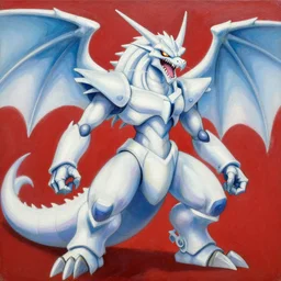 Trending on artstation, Blue-Eyes White Dragon from Yu-Gi-Oh, in the style of Kazuki Takahashi, oil on canvas