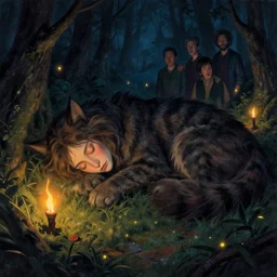 face portrait of Denise Richards sleeping next to her large forest cat beast, torches and fireflies, mystical dark eerie night, long shadows, art by Donato Giancola, WLOP, Artgerm, Mark Keathley, Victor Nizovtsev, Carlos Shwabe, Ross Tran, WLOP