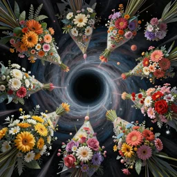 An epic fantastic realism comic book style painting of the most beautiful flowers launched into space, bouquets, everything being pulled into a black hole, floral meteor, fisheye, unreal 5, DAZ, hyperrealistic, octane render, dynamic lighting
