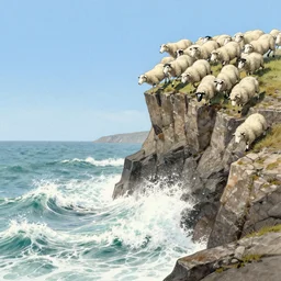 forty five white sheep racing fast laterally towards a cliff made of jagged rock and we can see them falling like lemmings down the cliff into the sea and facing the crashing white waves, there is one single eye - catching black sheep going against the crowd, clear blue skies, old colored sketching, panoramic shot
