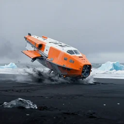 painting of giant orange and white military spacecraft crashing into an endless black sand beach in iceland with icebergs in the distance, 2 8 mm, shockwave