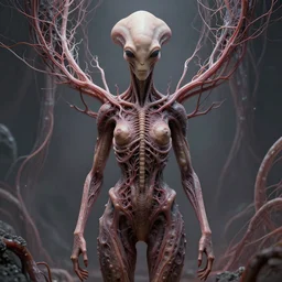 female alien, tubular creature, blood vesels, no face, dystopian surrealism, artstyle alex ries and zdzisław beksinski, symmetry accurate features, very intricate details, high resolution, 4 k