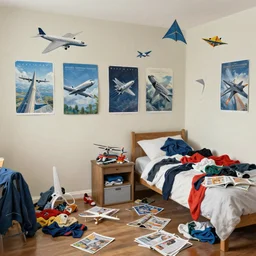 a painting of a young teenagers messy bedroom, model airplanes, posters of airplanes, jets, kites, pile of clothes, un made bed, magazines, papers