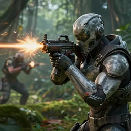 close up Crysis Nanosuit shooting at enemies in a jungle combat photography 2022, Canon EOS R3, f/1.4, ISO 200, 1/160s, 8K, RAW, unedited, in-frame,