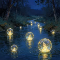 glowing glass orbs floating down a river, evocative, mystical night, detailed, award winning, trending on artstatioon artwork by Thomas Kinkade,