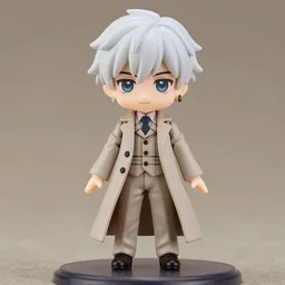 nendoroid aziraphale from good omens, good omens tv series, white curly short hair, beige suit, long coat, beige tartan vest, michael sheen