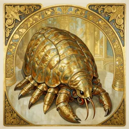trilobite king demigod in obsidian palace golden ornaments painted by alphonse mucha