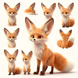 reveal of a fennec fox character, dreamworks animation style, zootopia, character sheet with multiple angles, highly detailed render, fur