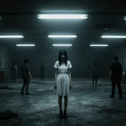 creepy woman wearing white dress standing in the backrooms, playable trailer, psychological horror, the eerie forlorn atmosphere of a place that's usually bustling with people but is now abandoned and quiet, buzzing fluorescent lights above the ceiling, unsettling images, liminal space, dark, silent hills, created by hideo kojima