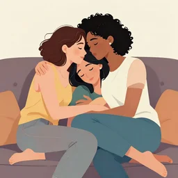 beautiful colorful portrait of a mixed race lesbian couple cuddling on the sofa, 2 8 4, romantic, highly detailed, smooth, stylized, medium shot, vector line art, clean cel shaded vector art, by lois van baarle, ross tron, artgerm, helen huang, makoto shinkai, ilya kuvshinov, rossdraws