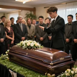 a guy hosting a blast of a party at a funeral, high detail, rtx on