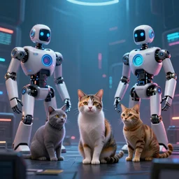 cats and robots in a cyberpunk universe