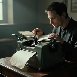 a photograph of Neo from the Matrix using a telepgraph machine, photorealistic