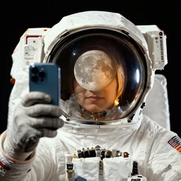 extremely detailed studio portrait of space astronaut taking a selfie, holds a smart phone in one hand, phone!! held up to visor, reflection of phone in visor, moon, extreme close shot, soft light, golden glow, award winning photo by george hurrell