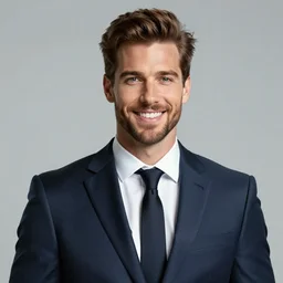 a hyper realistic portrait of a handsome smiling male alien in a suit for advertisement, artstation