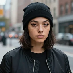 character concept art of a mixed woman with freckles with a septum piercing, winged eyeliner, black beanie, black bomber jacket, in an urban environment, depth of field