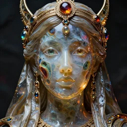 detailed portrait, high priestess, regal molten glassworks face sculpted features, large eyes, statuesque, translucent skin, silk hair, tech noir, opulent, encrusted, jewel, refractions, chiaroscuro, organic impressionism, deep backdrop, natural colors, octane render