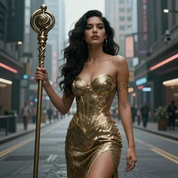 alone gorgeous latin woman, holding a staff, cyberpunk city street, intricate details illustration, by barbucci, cinematic, hyperrealism, elegant, vfx, octane render, 8 k