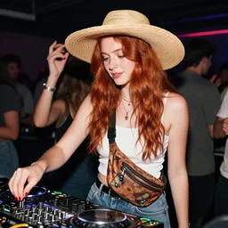 DJ at a party, DJ is a young red headed woman and is wearing a straw hat and a fanny pack, beautiful, artistic, wearing a belt bag, bum bag,  wide straw hat, DJ woman